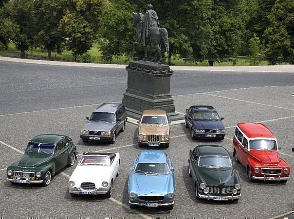 From right to the left, front; Volvo PV444 LS, Volvo Sport (1900), Volvo 1800ES, Volvo P122 GT (Amazon), Volvo P210 (Duett), Rear; Volvo 245, Volvo 164 and Volvo 780 (Bertone).